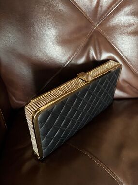 Quilted Black Women's Clutch with Gold and Rhinestone Trim Ekegant
